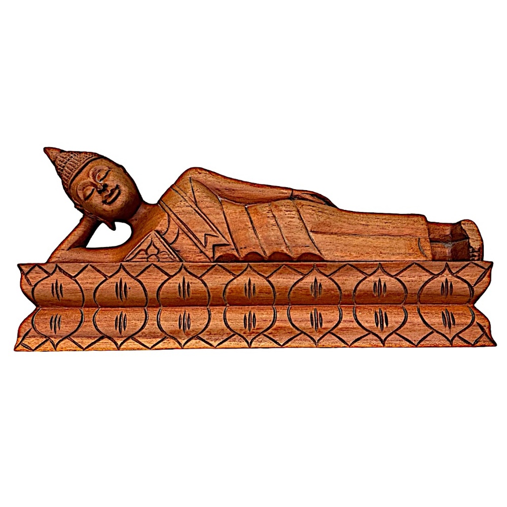 Wooden Sleeping Buddha Statue 11” Wood Carving Asian Meditation Decor